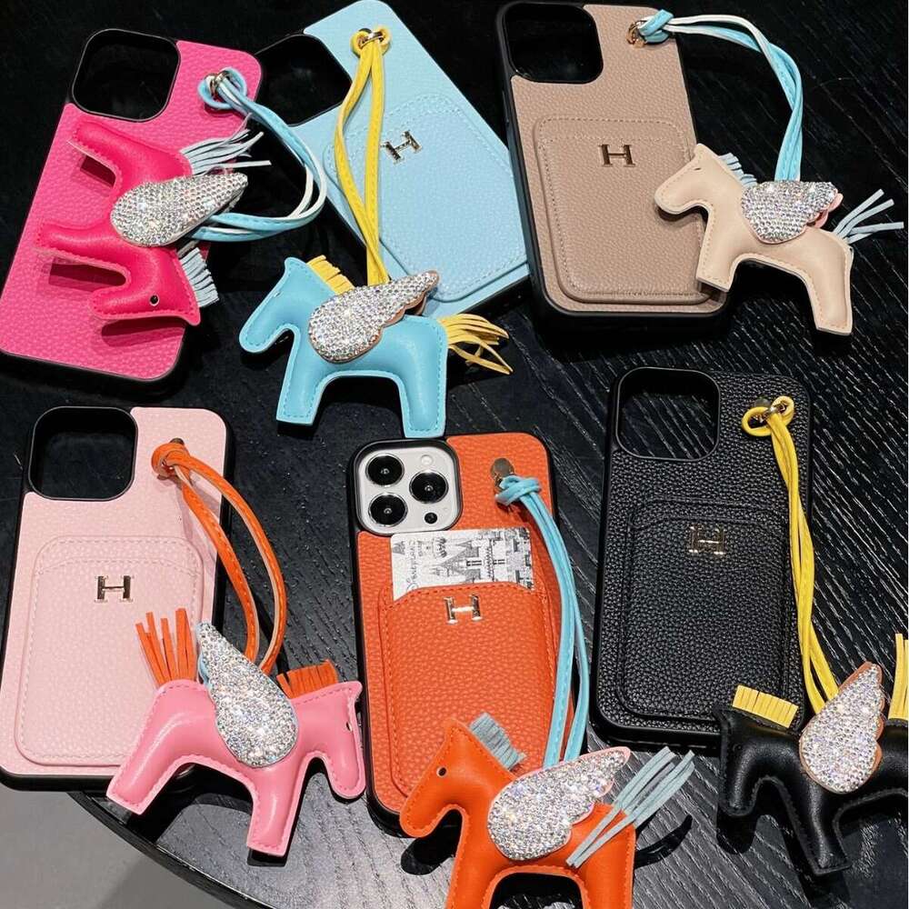 New Apple 17 Compatible with iPhone 13 Lychee Pattern Card Holder Lanyard Pony Phone Case Letter H Trendy