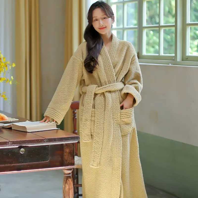 Couple Robe for Men Sleepwear Bathrobe Warm Fleece Pajama 2025 New Winter Night Wears Solid One Piece Nightgown Pocket Homewear C251115