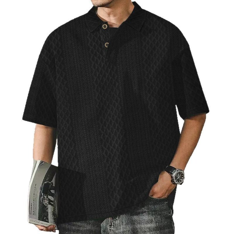 2025 short sleeved polo shirt men's summer knitted jacquard texture oversized loose lapel niche t-shirt