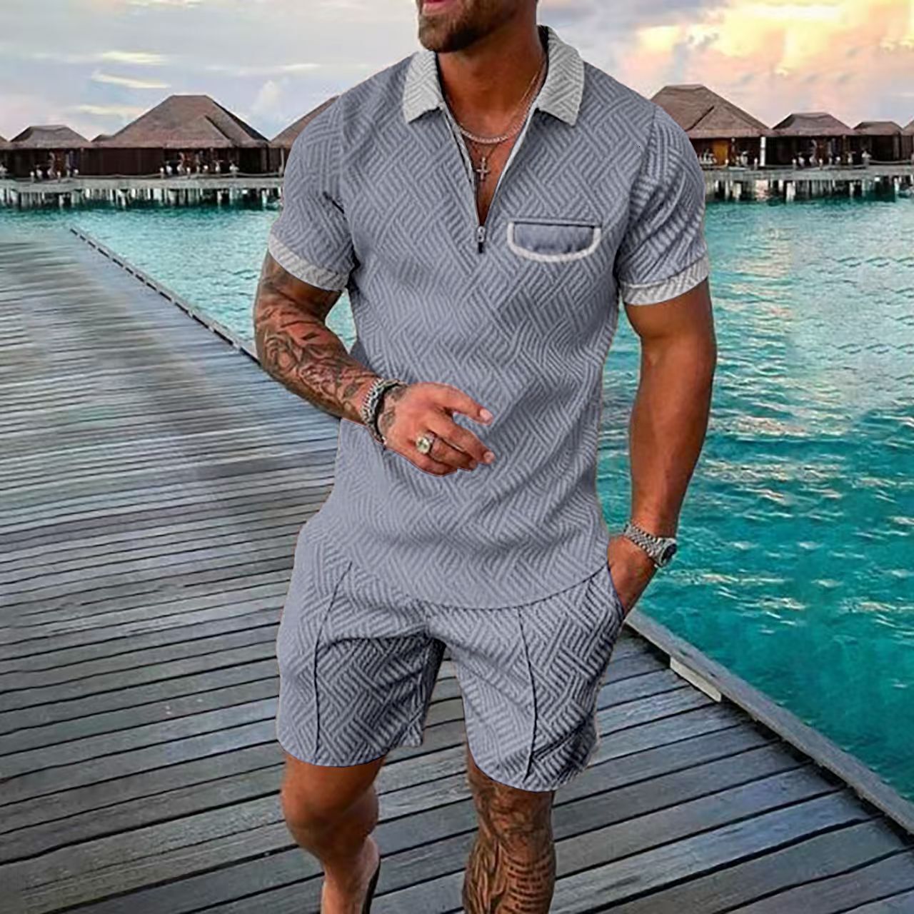 New Mens Fashion Casual Set 3D Digital Printed Zipper Short Sleeve Mens Shorts