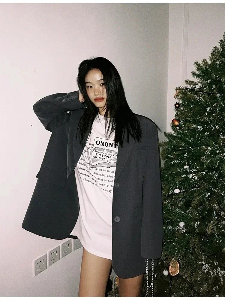 Womens black suit jacket long sleeved jacket Korean fashion back part style jacket womens loose jacket 250415