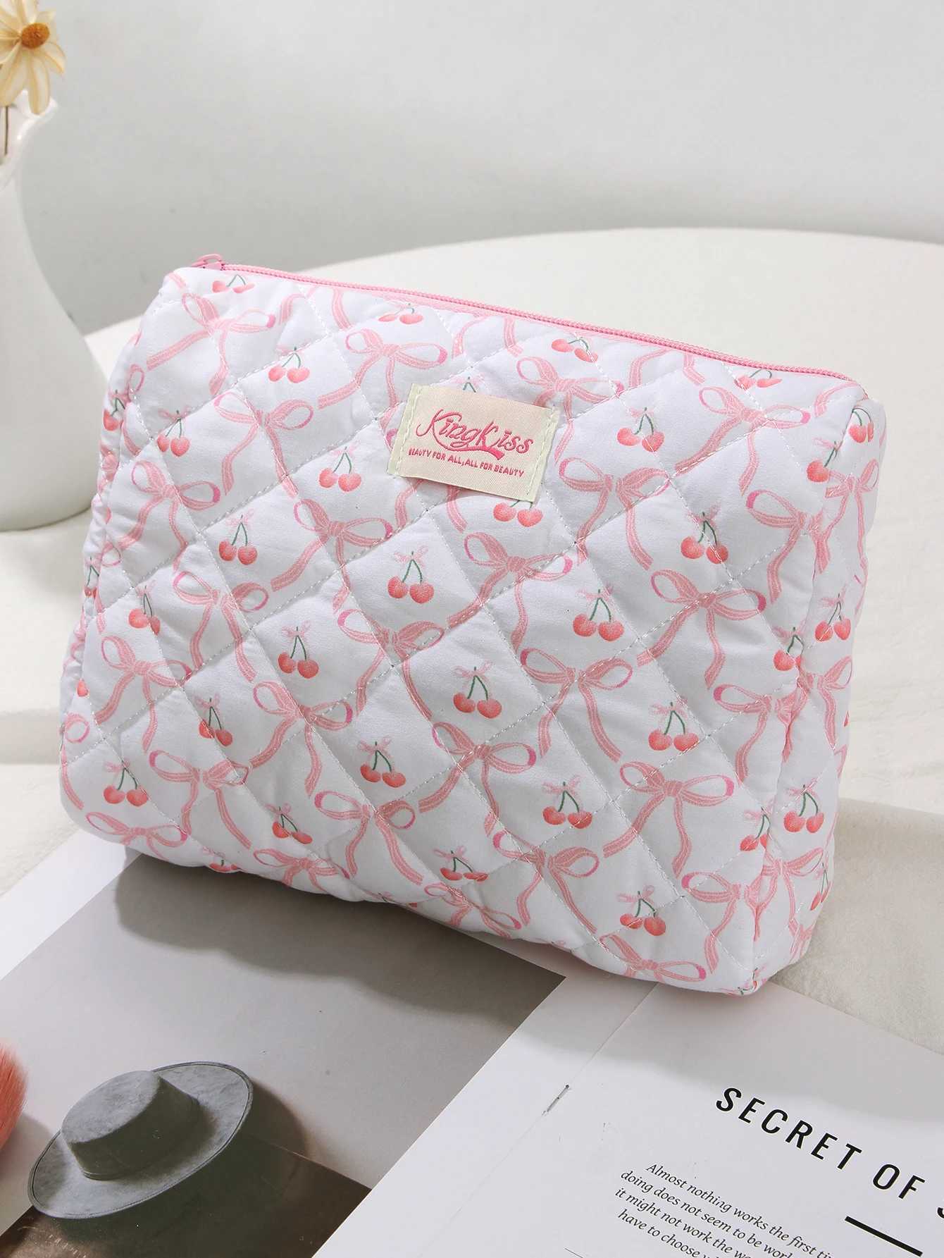 1 piece/set of pink bow tie and cherry print quilted large capacity makeup bag customizable portable makeup bag for girls travel makeup bagXJ250415