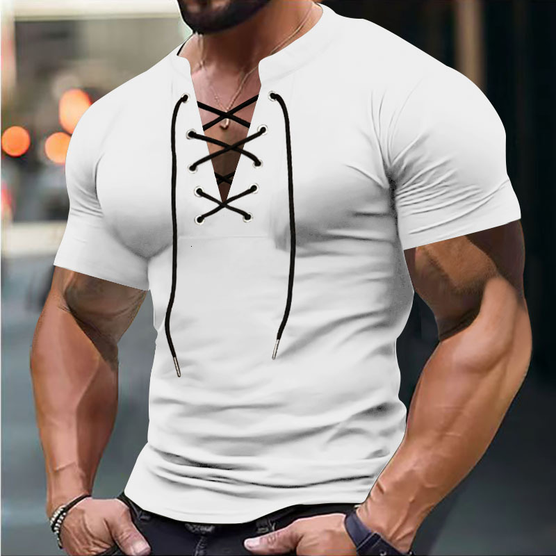 Large size summer men's T-shirt V-neck tie casual sports short sleeved men