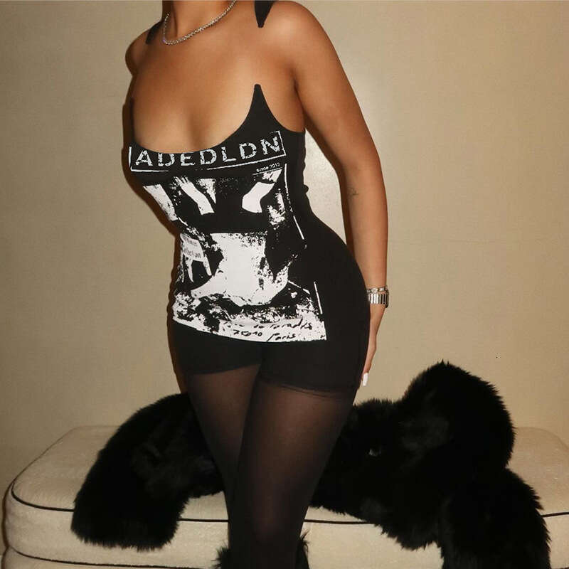 Women's Wear New Spring Women's Spicy Girl Sleeveless Camisole Style U-Shaped Abstract Printed Sexy Top