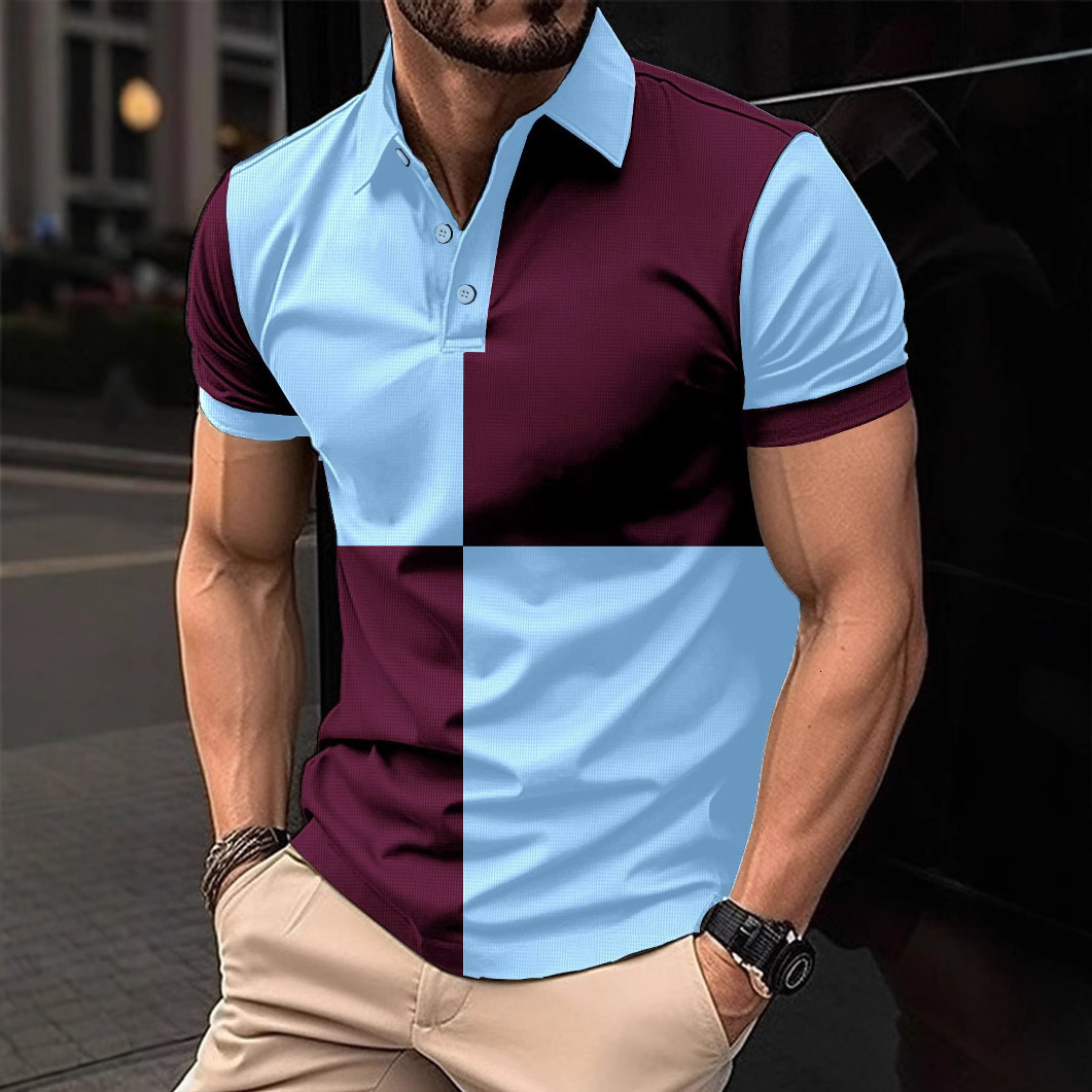 Ins new mens casual sports polo shirt short sleeved color blocked lapel mens top