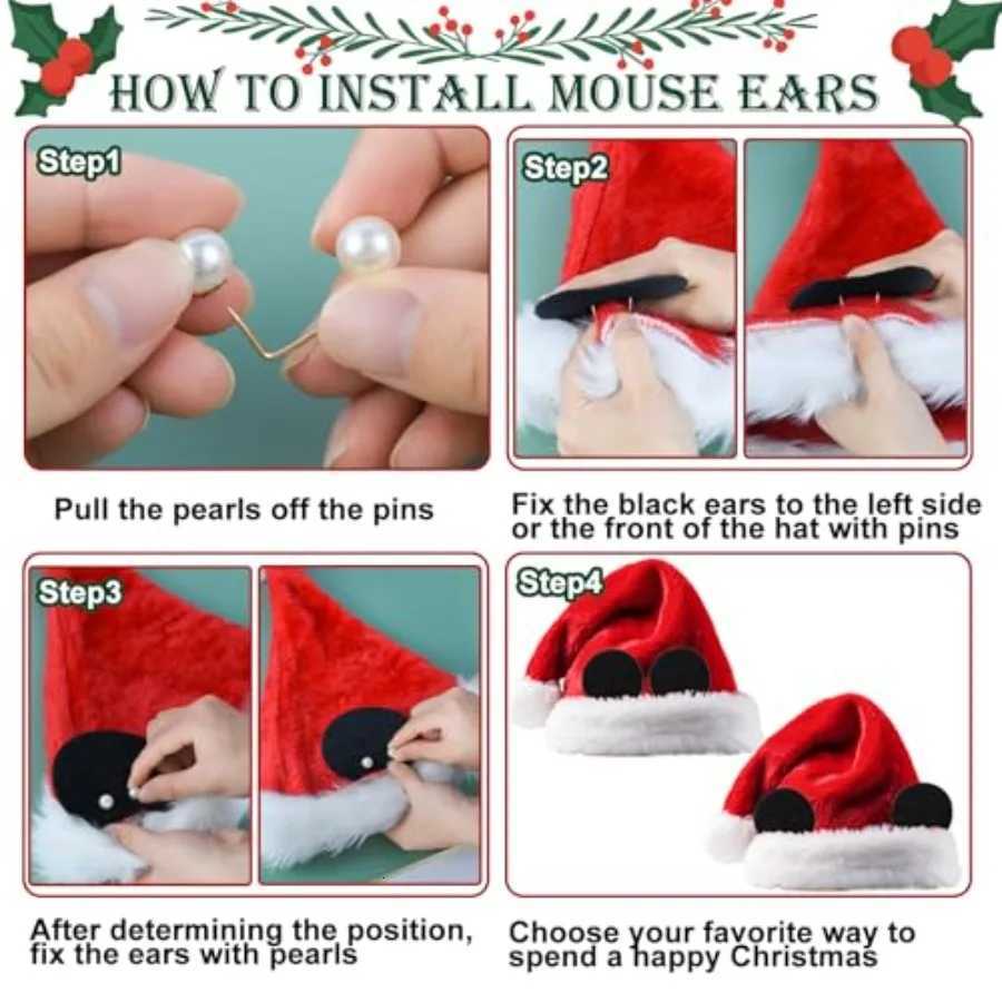 2 Pack Festive Christmas Mouse Santa Hat with Removable Black Ears for Adults Perfect Holiday Party Decoration for New Year and Y251115