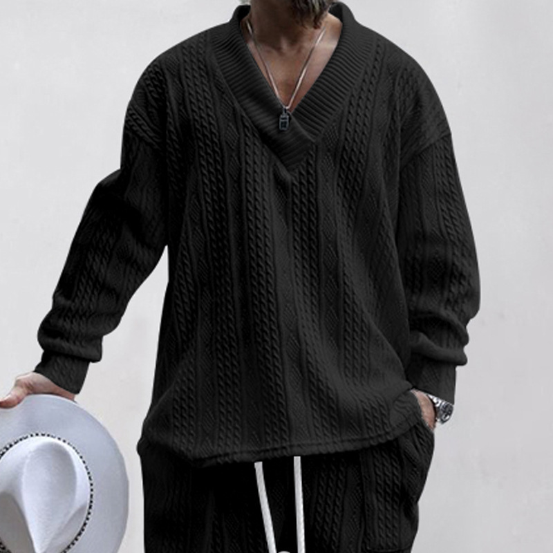2025 Autumn/Winter New Men's Jacquard Loose Solid Color Casual V-neck Long Sleeve Knitted Shirt