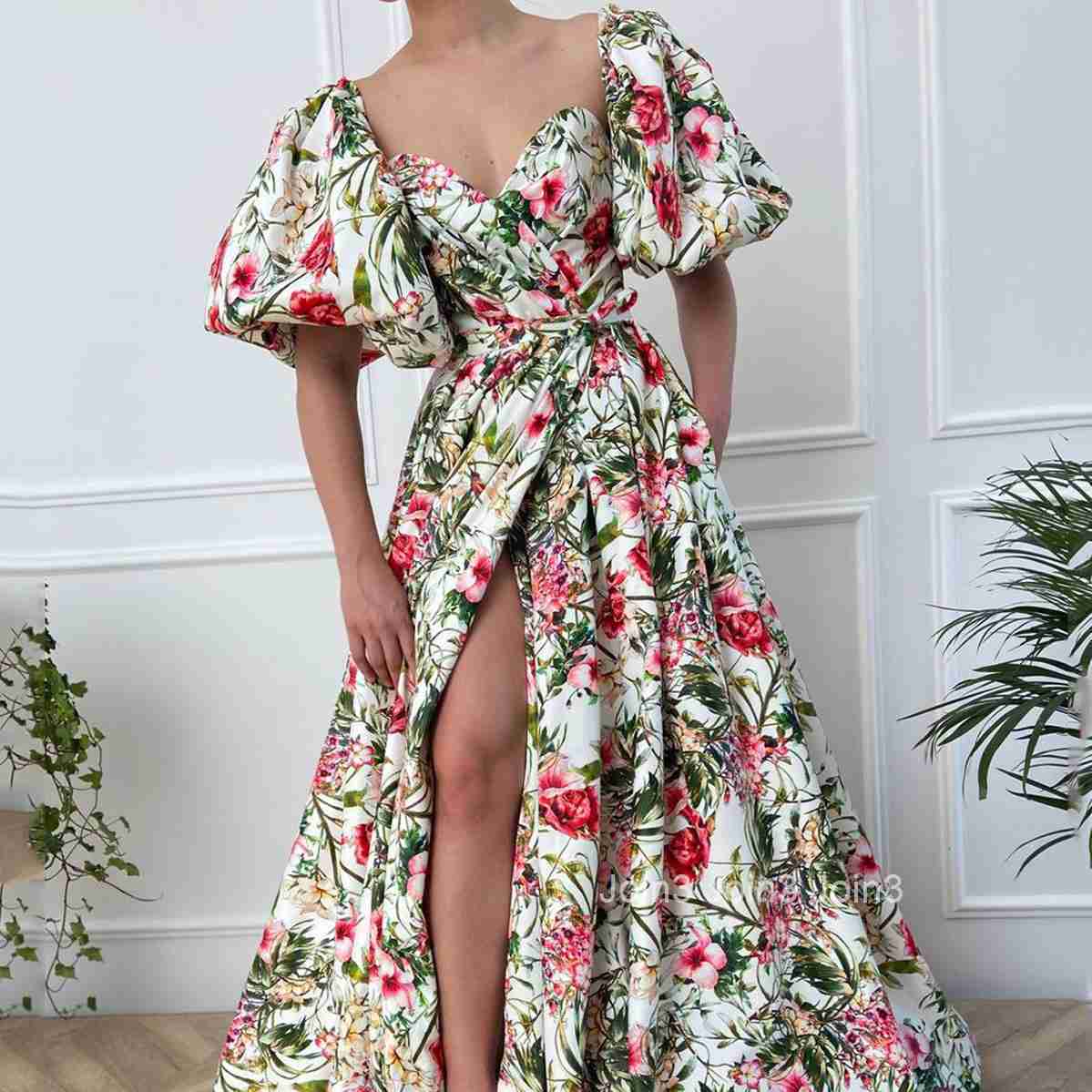 2025 Womens New V-neck Chiffon Printed High Waisted Slimming Dress with Large Swing Socialite Short Sleeved Dress