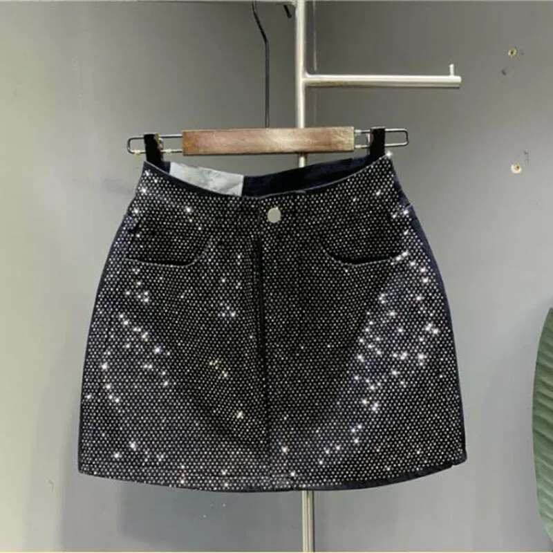 Heavy Industry Hot Drilg High-End Denim 2024 Spring And Summer New High Waist Pink Sexy A-Word Skirt