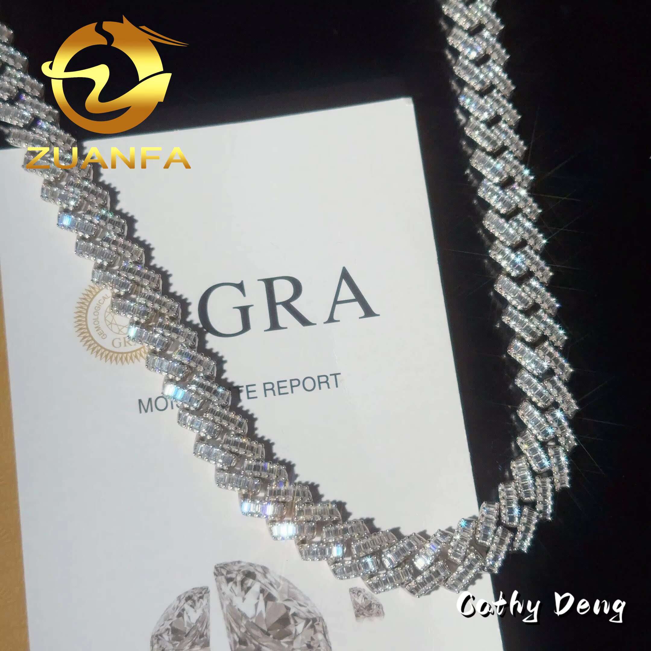 14k Gold Plated Baguette Cut 12mm Moissanite Cuban Link Chain Bracelet Iced Out Hip Hop Silver Pass Diamond Tester Cuban Chain