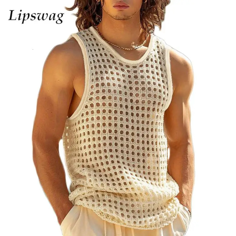 2025 Summer Casual Sleeveless Knit T Shirts Mens Vintage Solid Color Hollow Out Knitted Tank Tops Men Sexy Transparent Camisoles 250415