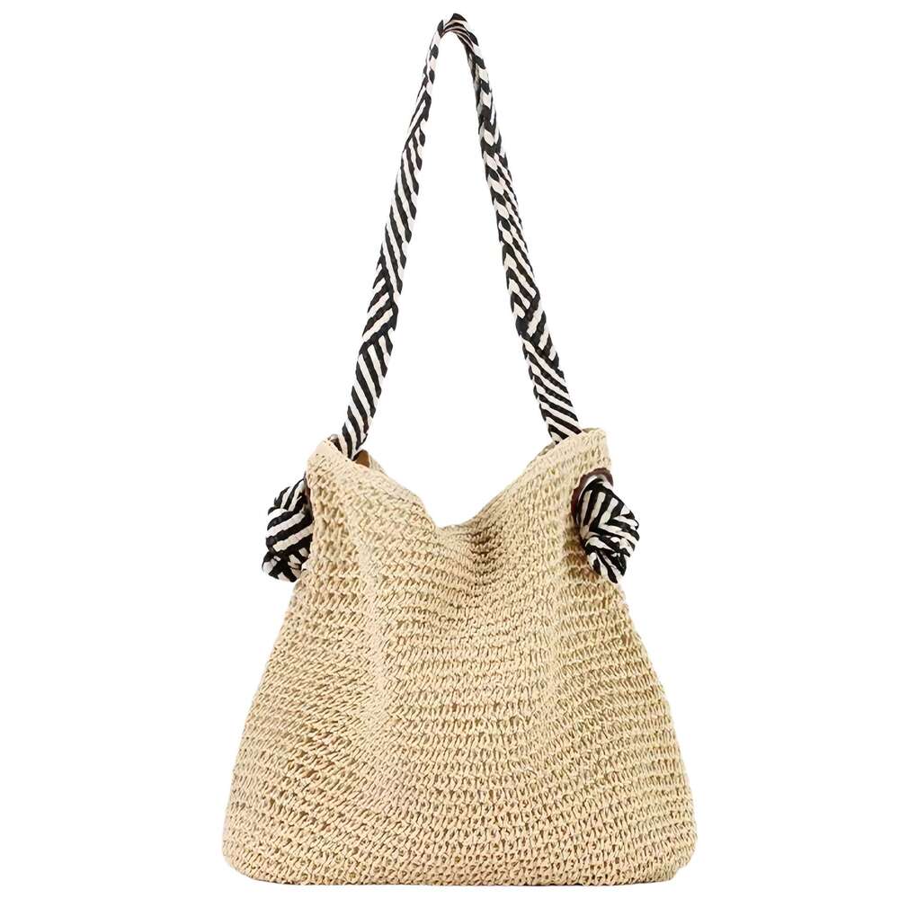 Handmade Beach Bag Navy Handmade Grass Woven Crochet Versatile Vacation Beach Ocean Style Black And White Strap Single Shoulder Women's Bag Kq2