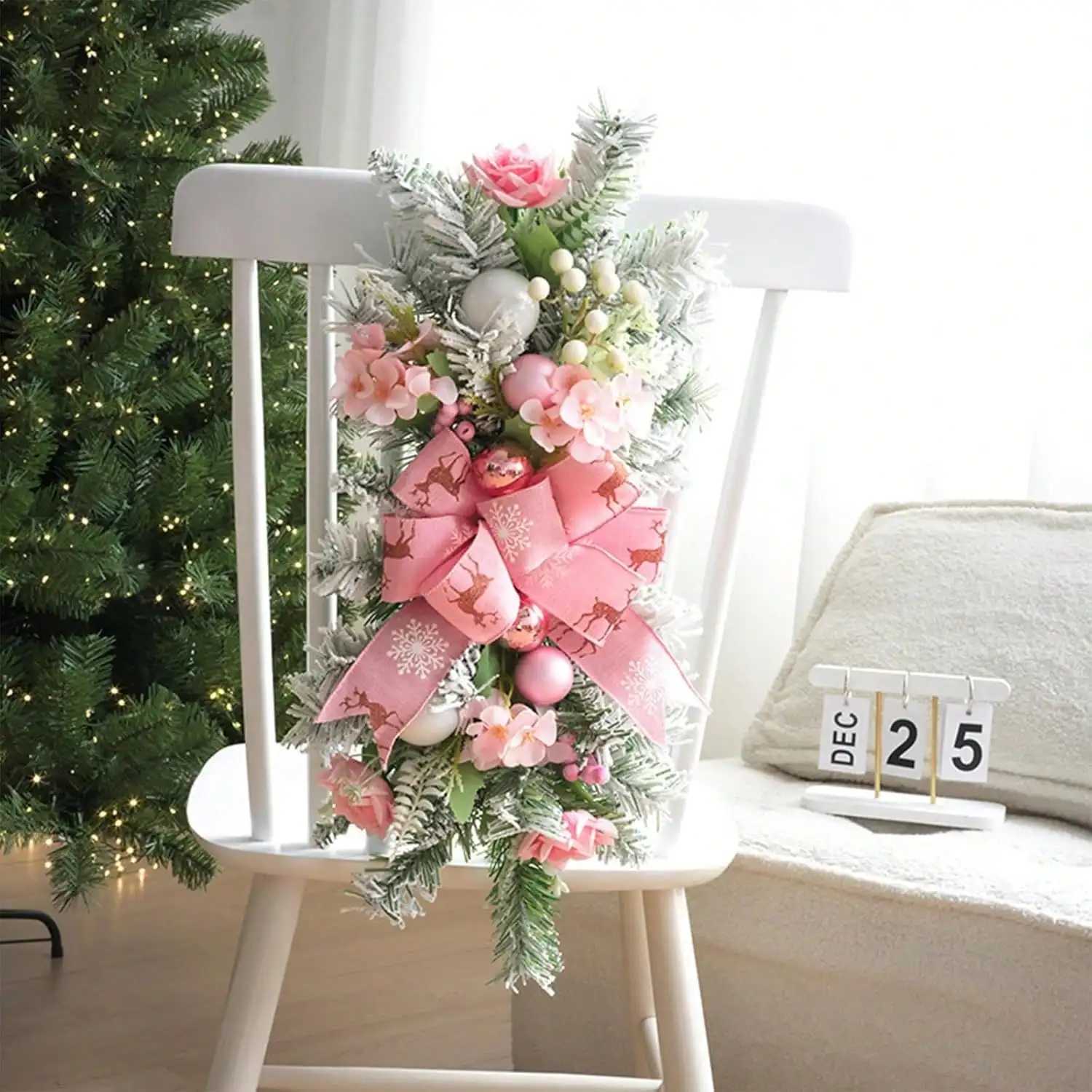 Christmas Plastic Home Decoration Wreath for Stairs and Wall Hanging Decoration Elegant unlit flowers and ribbon embellishmentsM251115