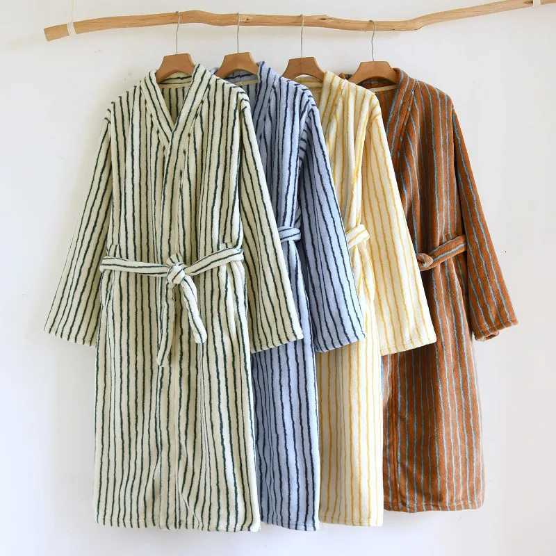 Striped Robe for Women Sleepwear Winter Nightdress Night Wears Warm Fleece Pajama One Piece Nightgown Pocket Sleeping Homewear C251115