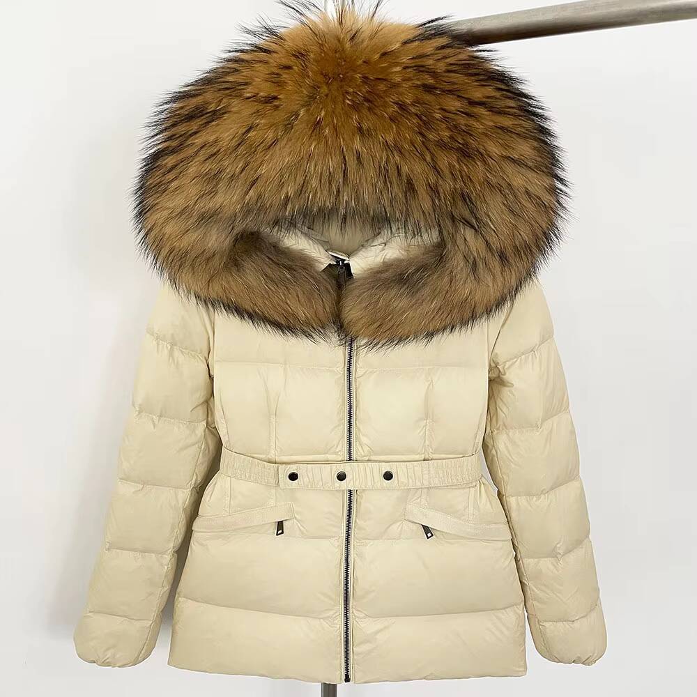 OFTBUY 2024 Womens Winter Jacket Natural White Duck Coat with Raccoon Fox Fur Collar Thick Warm Casual Outerwear Windproof Belt
