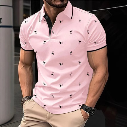 New mens lapel Polo flamingo short sleeved shirt with fashionable and personalized printed street style short sleeved top