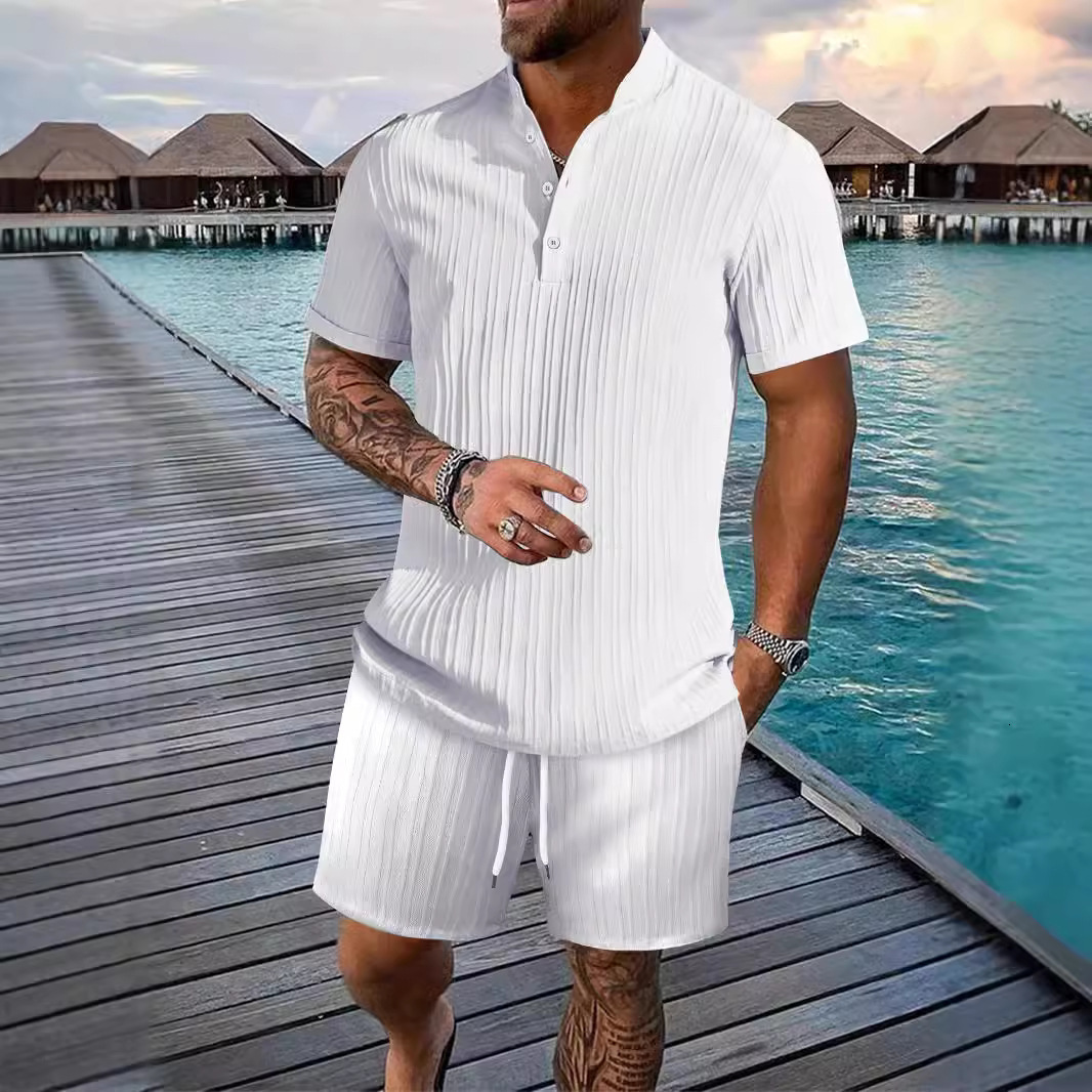 Summer fashion short sleeved casual mens set beach wear stand up collar shirt shorts 2-piece set