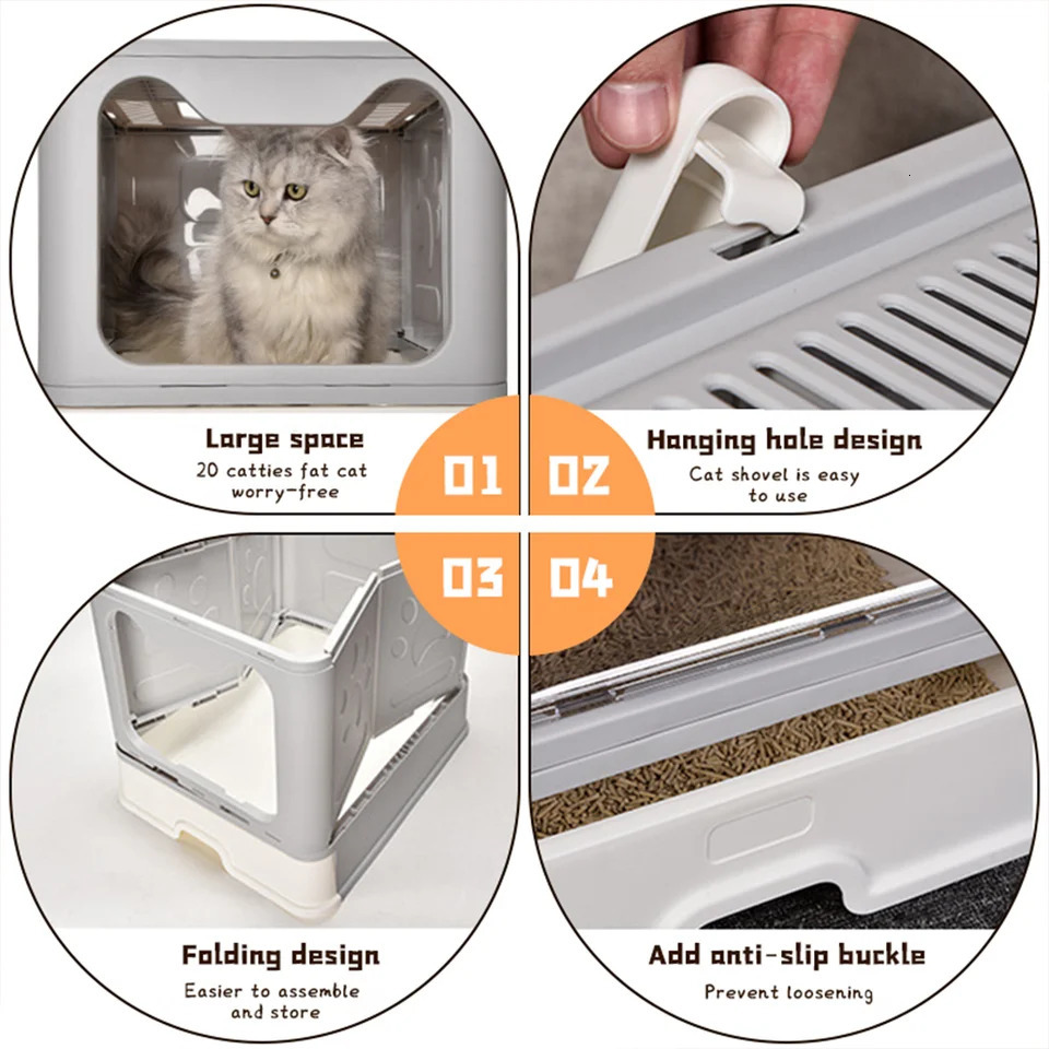 Foldable Cat Litter Box Top Entry Enclosed Anti-Splashing Cat Toilet with Scoop Cleaning Brush 250414