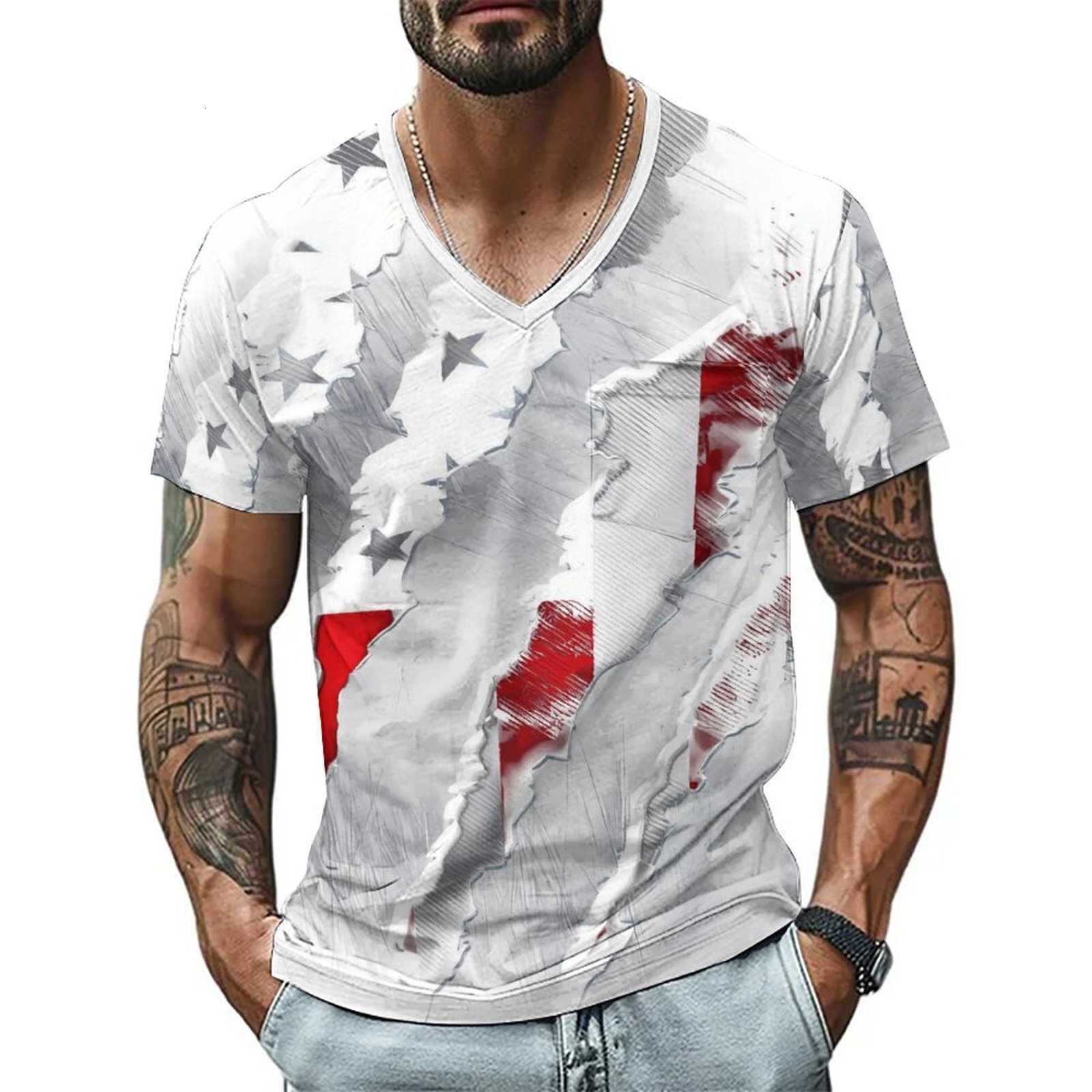 Men's heart-shaped collar V-neck graffiti printed casual T-shirt short sleeved men's clothing