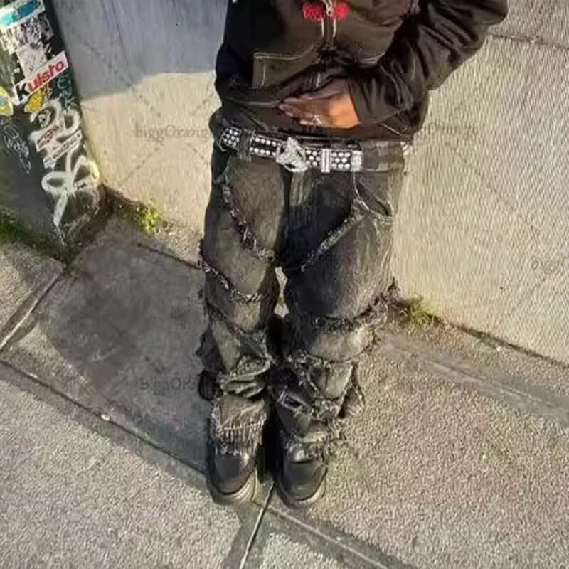 American Destructive Spider Web Design Jeans Men's Streetwear Hip-Hop Rough Edge Loose Denim Wide Leg Pants Chic 28W4657