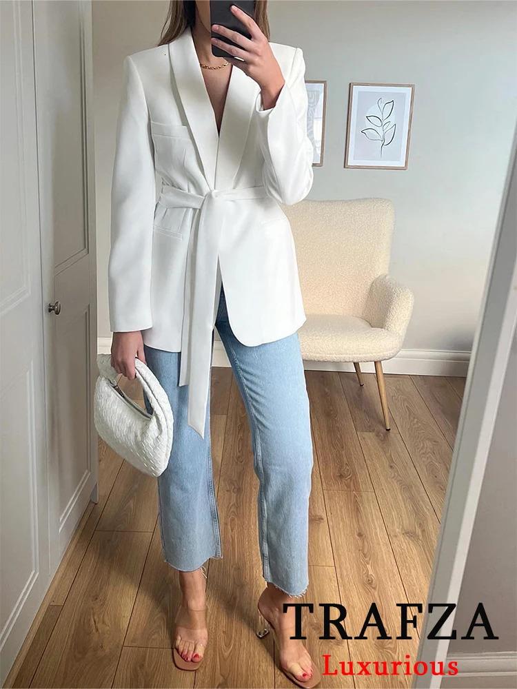 TRAFZA Office Womens White Jacket Set Womens Long Sleeve V-neck Belt JacketHigh Waist Wide Leg Pants Fashion Set 250410