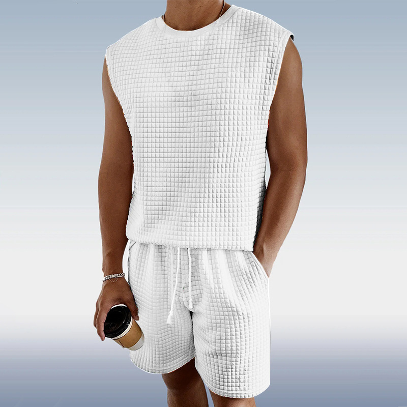 2025 New Men's Sports Summer Casual Small Checkered Sleeveless Tank Top Shorts Set