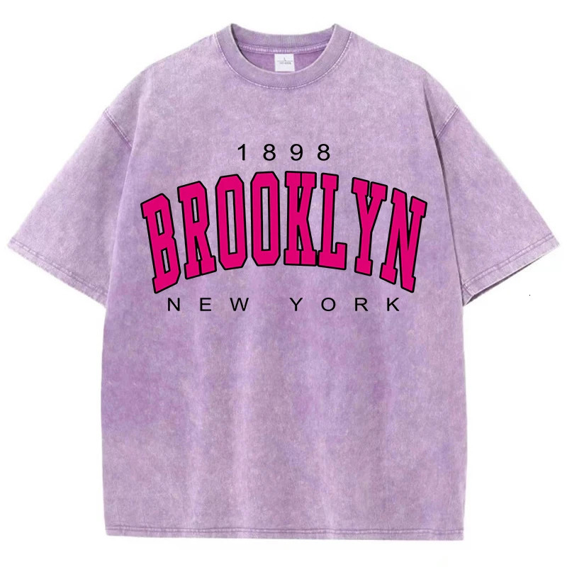 Womans Cotton Washed T-Shirts Fashion Loose O-Neck Short Sleeve Brooklyn York Printing Tops Summer Street Female Clothes 250415