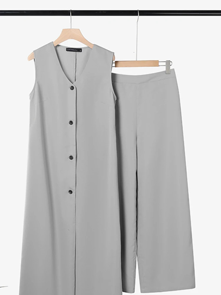 ZANZEA Fashion Summer Wide Leg Pants Set Two Piece Womens Dress 2PCS Elegant Sleeveless Long Shirt Mens Set 250415
