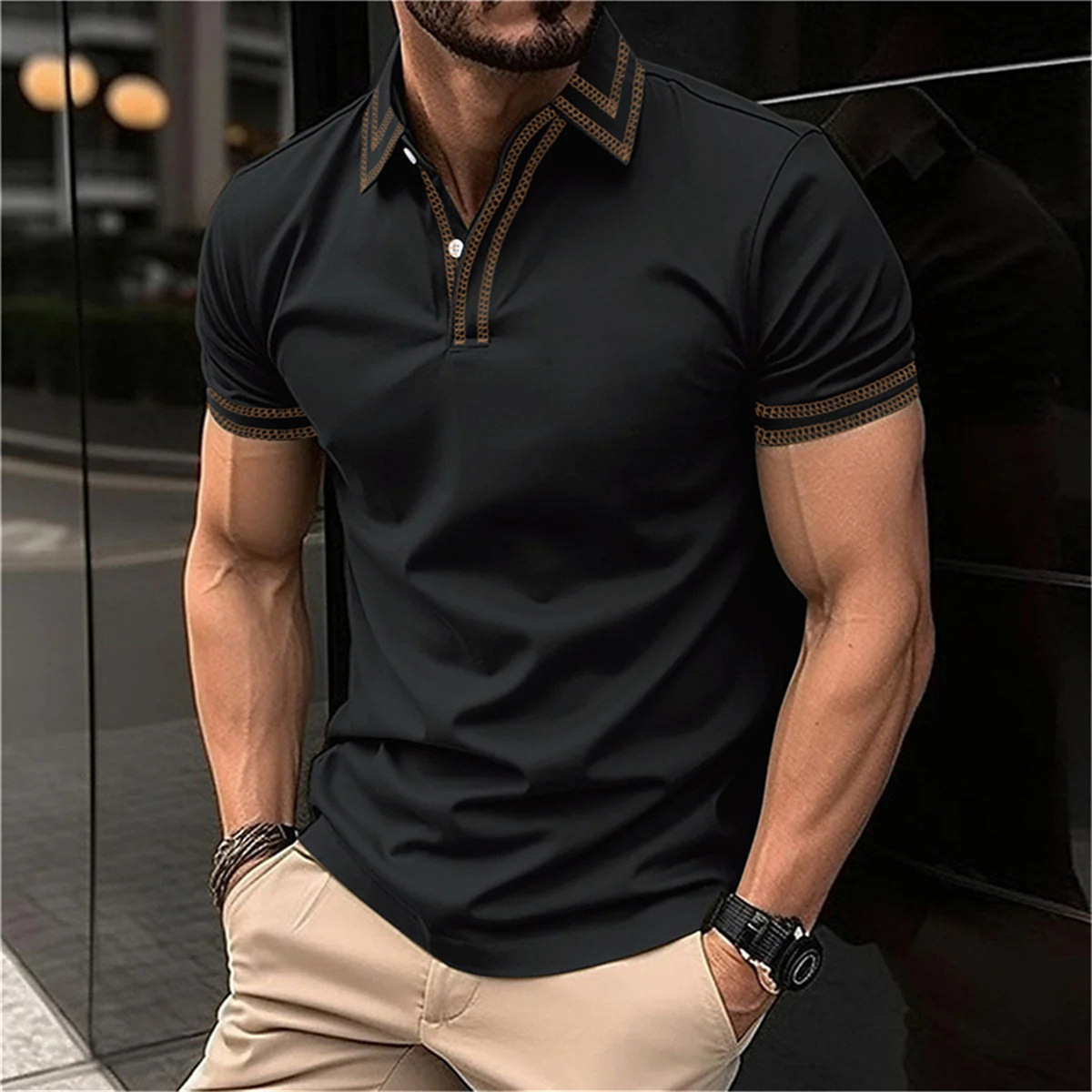Mens POLO summer daily casual tactical training patchwork lapel line solid color short sleeved t-shirt