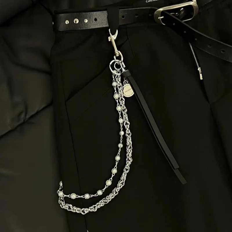 Retro Concise Bilayer Clamp Beads Biker Chain Sheepskin Sheath Hip Hop Punk Style Keychains For men y2k Pants Chain Accesories 250414