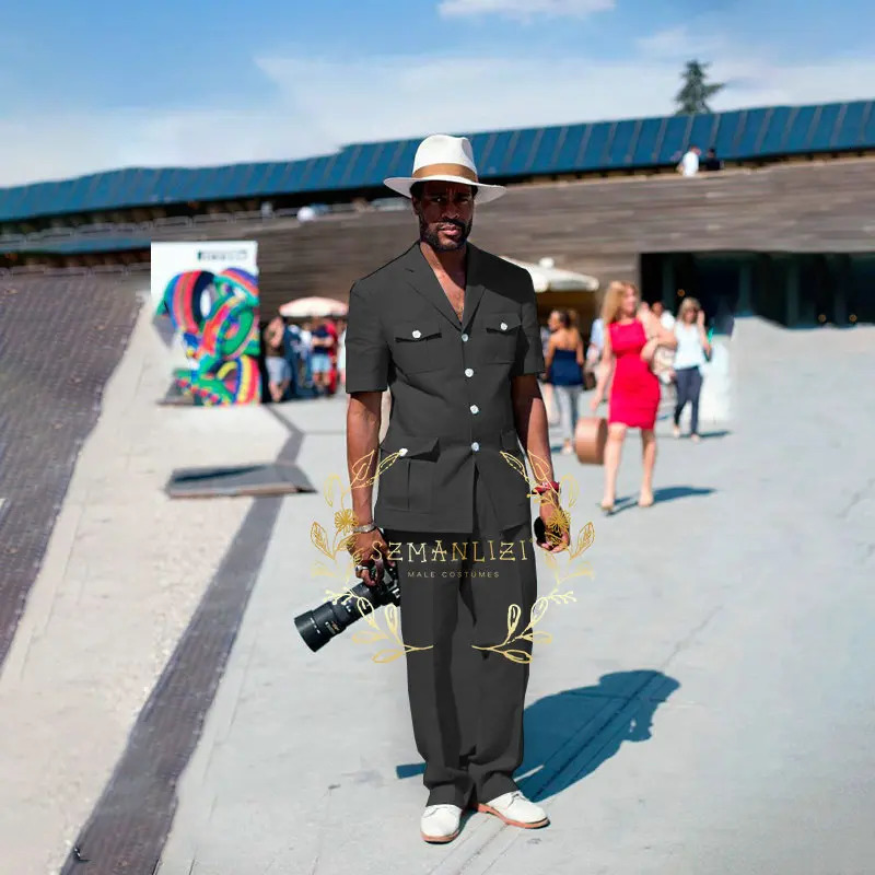 Fashion 2piece sky blue linen summer mens wedding dress suitable for grooms evening gown casual beach short sleeved suit jacket pants 250414