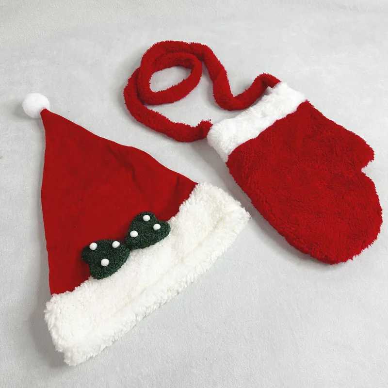 Christmas Santa Hat with Green Bow Red Mitten Shaped Crossbody Bag Set - Plush Festive Accessories for Holiday Look Y251115