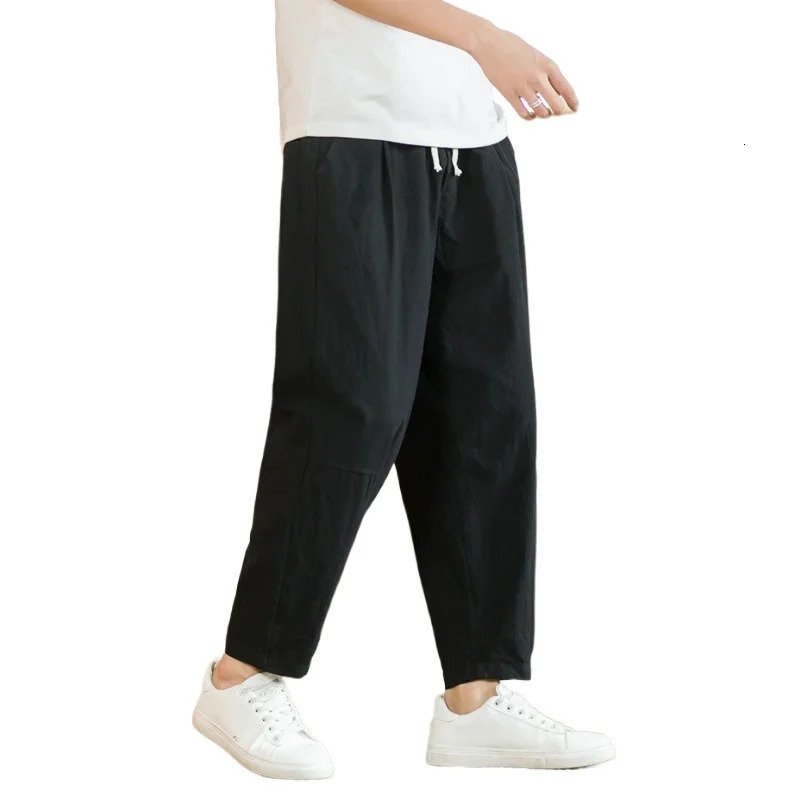 cotton linen mens casual solid color breathable street clothing loose straight pull bag lightweight sports pants 250411