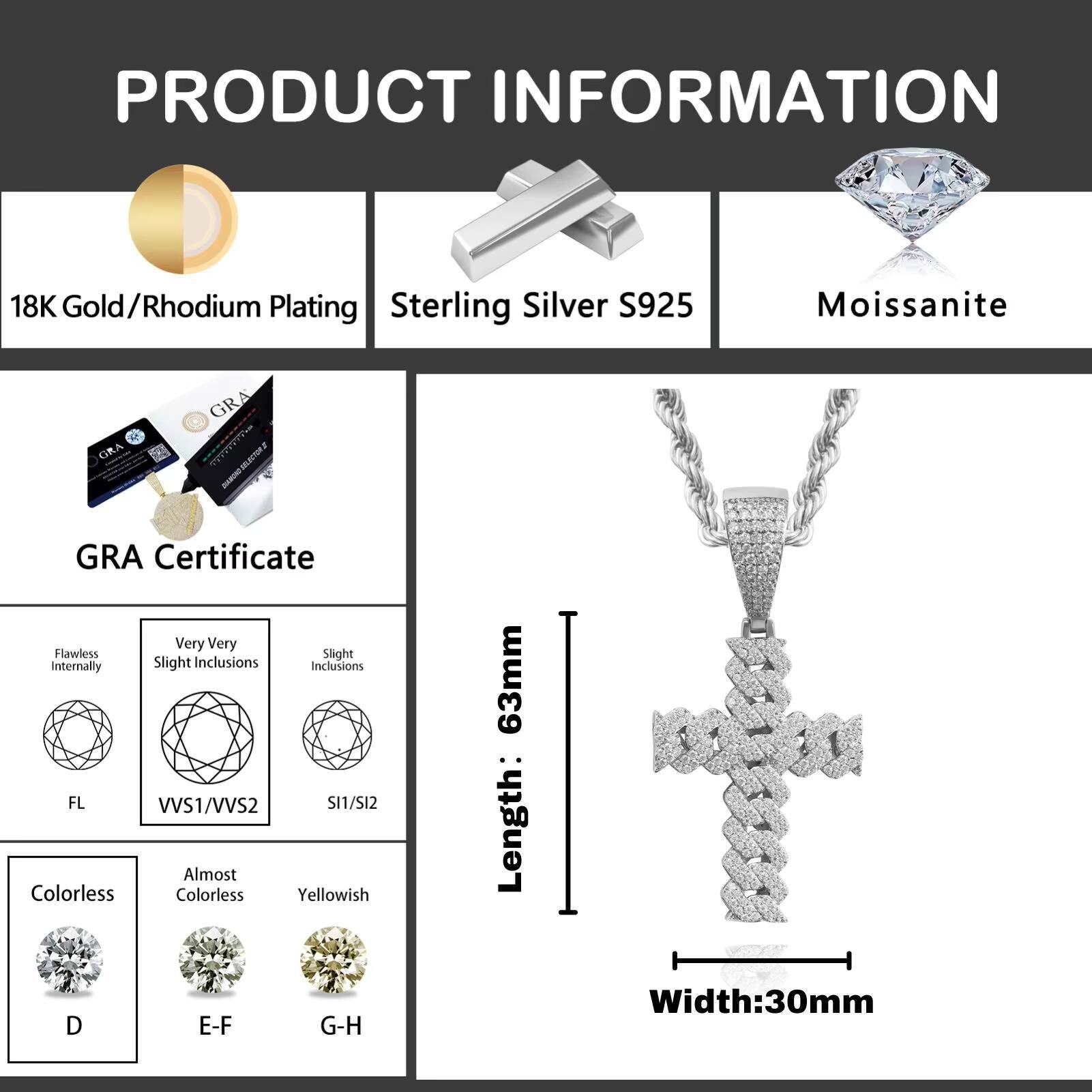 Fine 925 Sterling Silver Paved Diamond 2 Rows Cross Pendant Hip Hop VVS D Moissanite Diamond Pendant Necklace for Unisex