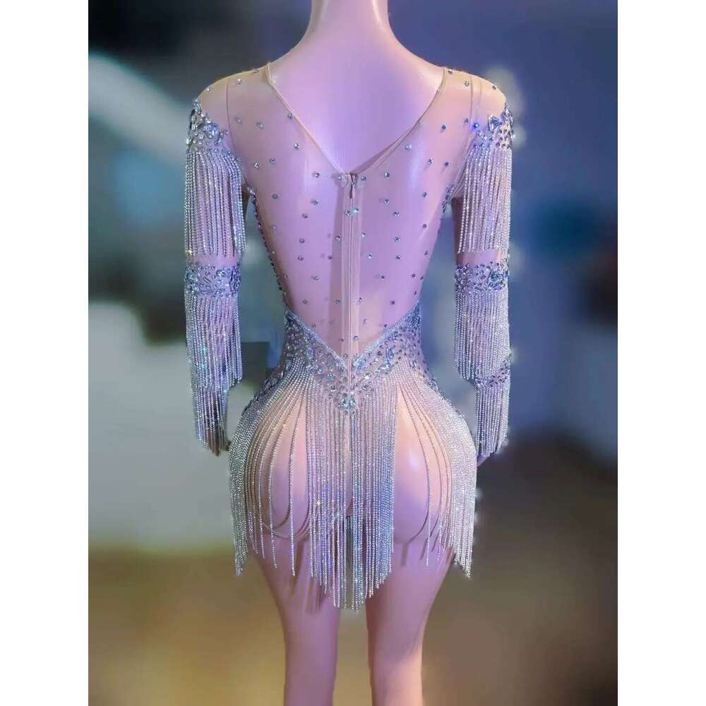 Women Sexy High Stretch Performance Dance Costume Nightclub Birthday Evening Party Wear Sparkly Rhie Bodysuit Stage Outfit