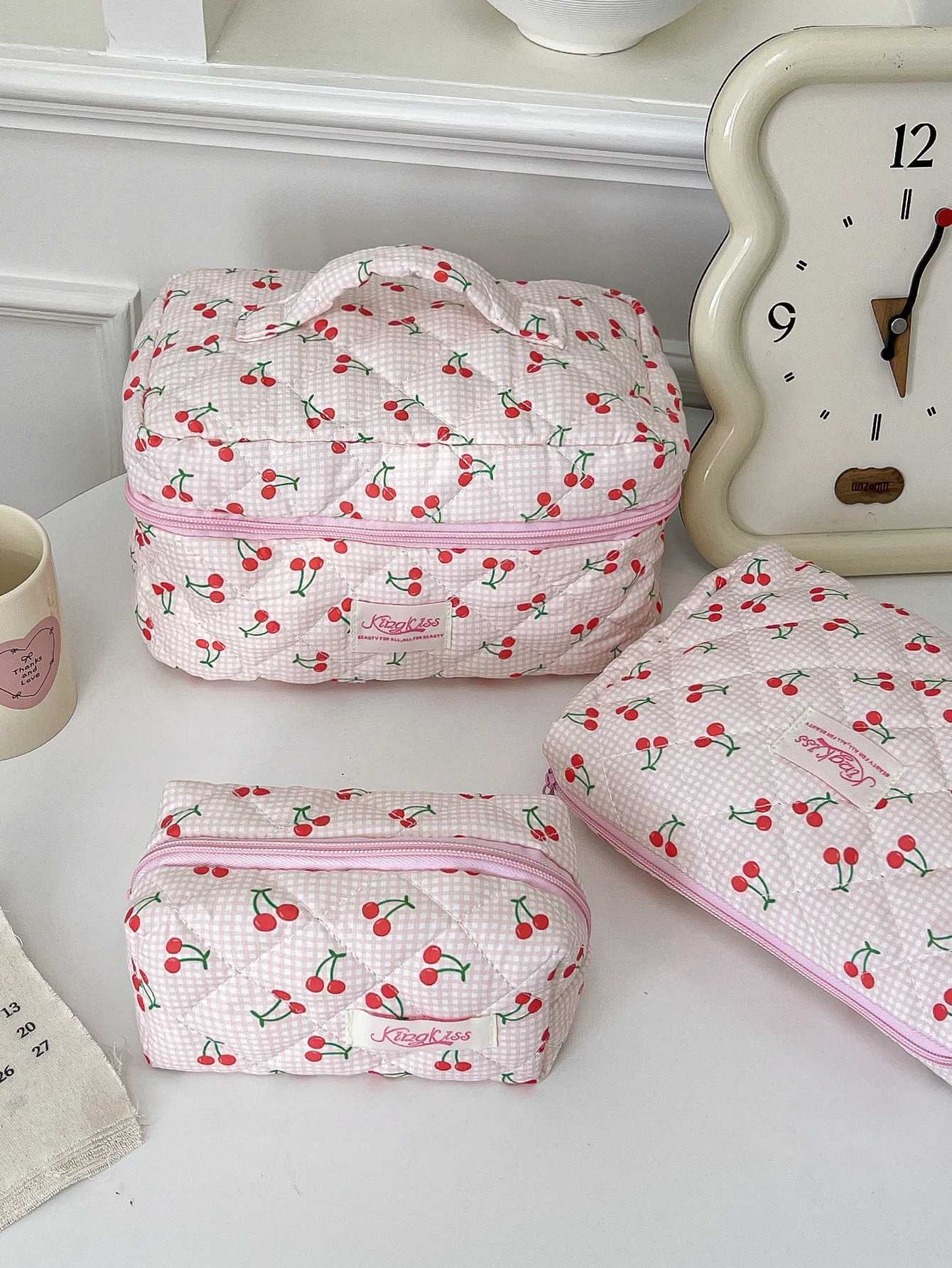 1 piece/set plain weave and cherry print quilted makeup bag large capacity makeup bag multifunctional makeup bagXJ250415