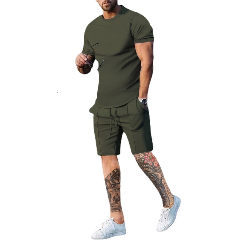 2025 Men's Wear Summer Sports and Leisure Solid Color Round Neck T-shirt Short Sleeve Set for Men