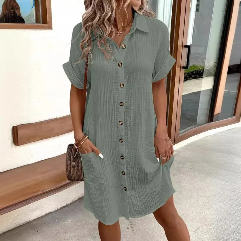 Womens Fashion Summer Minimalist V-neck Button Dress Womens Cotton Flax White Short Sleeve Pocket Casual Loose Shirt Dress 250415