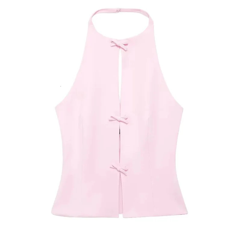 TRAF Off Shoulder Halter Pink Top Woman Cut Out Bow White Crop Top Women Summer Backless Sexy Tank Tops Fitted Y2K Party Top 250415