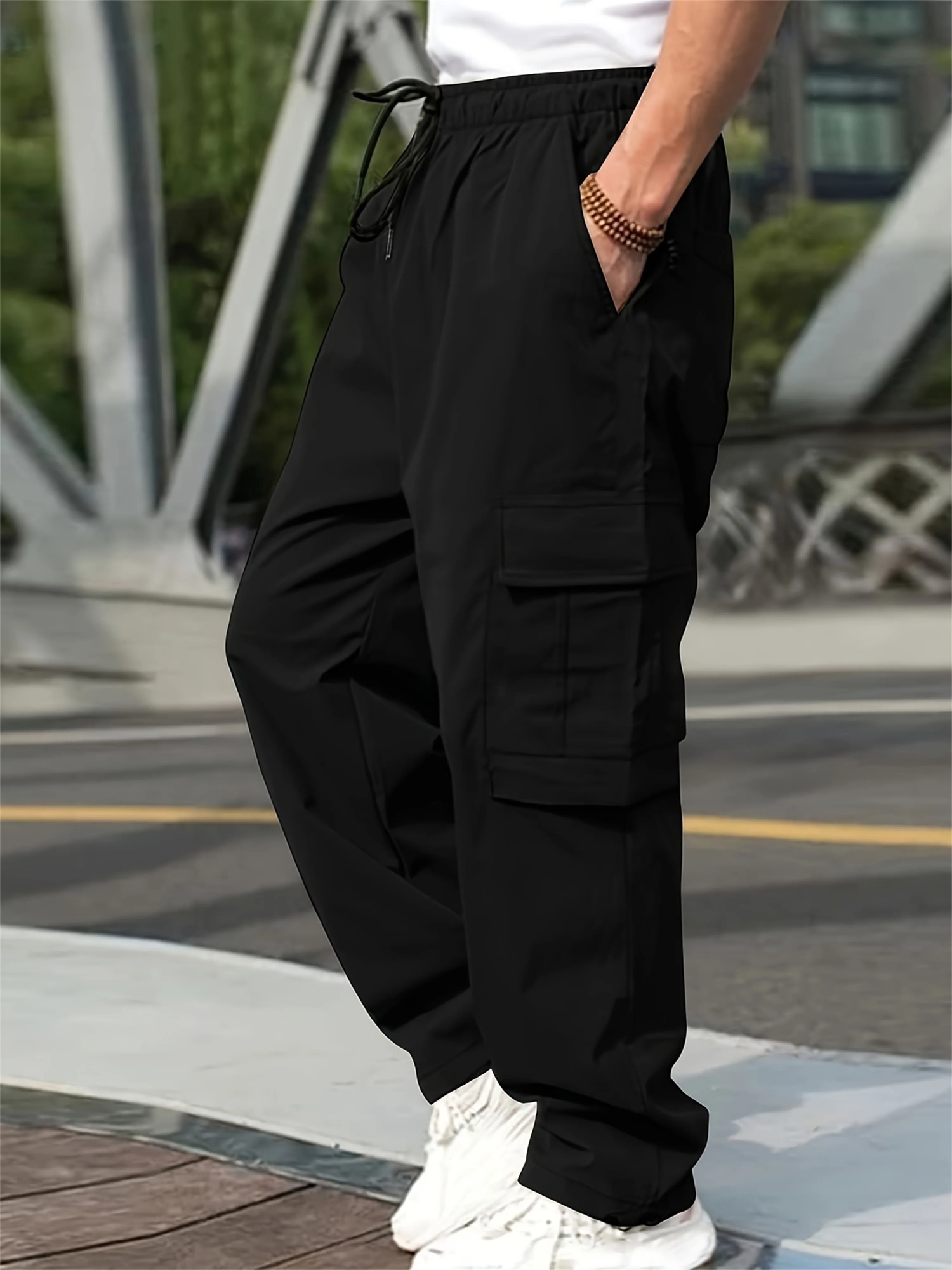 SpringSummer Mens Fashion Casual Pants Solid Color Drawstring Multi Pocket Sports Running Straight Work Pants 250415