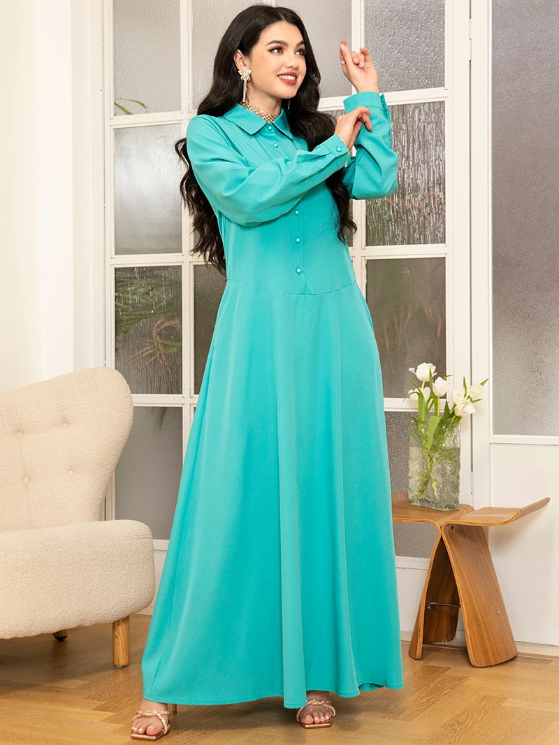 Spring/Summer Collection - Light Green Preparatory Collar Long Dress with Pocket and Button Stickers 250415