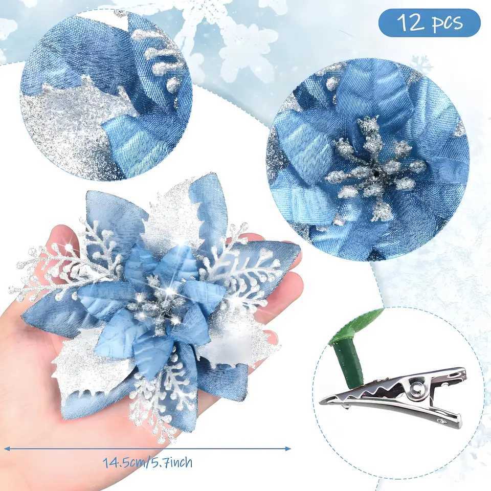 20-Pack Glitter Poinsettia Floral Clips 57 Inch Christmas Tree Ornaments for Wreaths Garlands Holiday DecorM251115