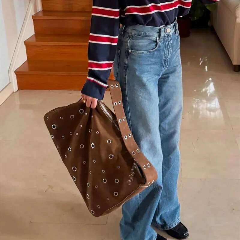 New High-End Literary Style Imitation Suede Texture Rivet Shoulder Bag Work Commuting Dating Hollow Handbag