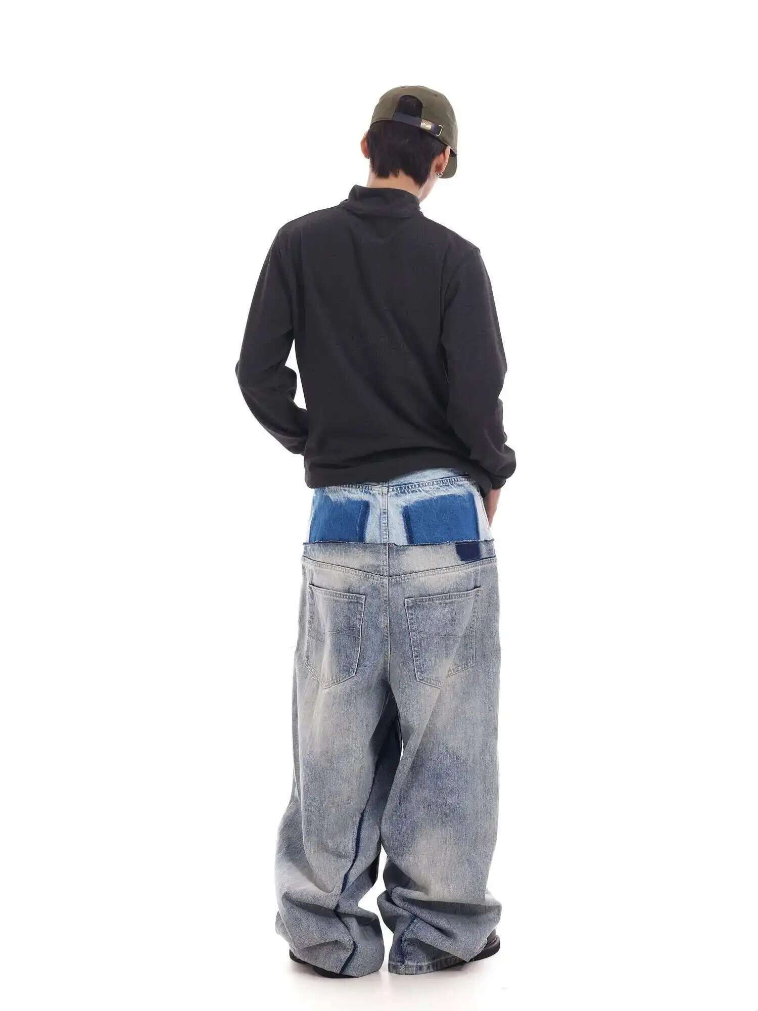 Niche Colorblock Patchwork Wide Leg Blue Jeans Men's Spring 2025 New Straight Double Waist Design Denim Trousers 28W6048