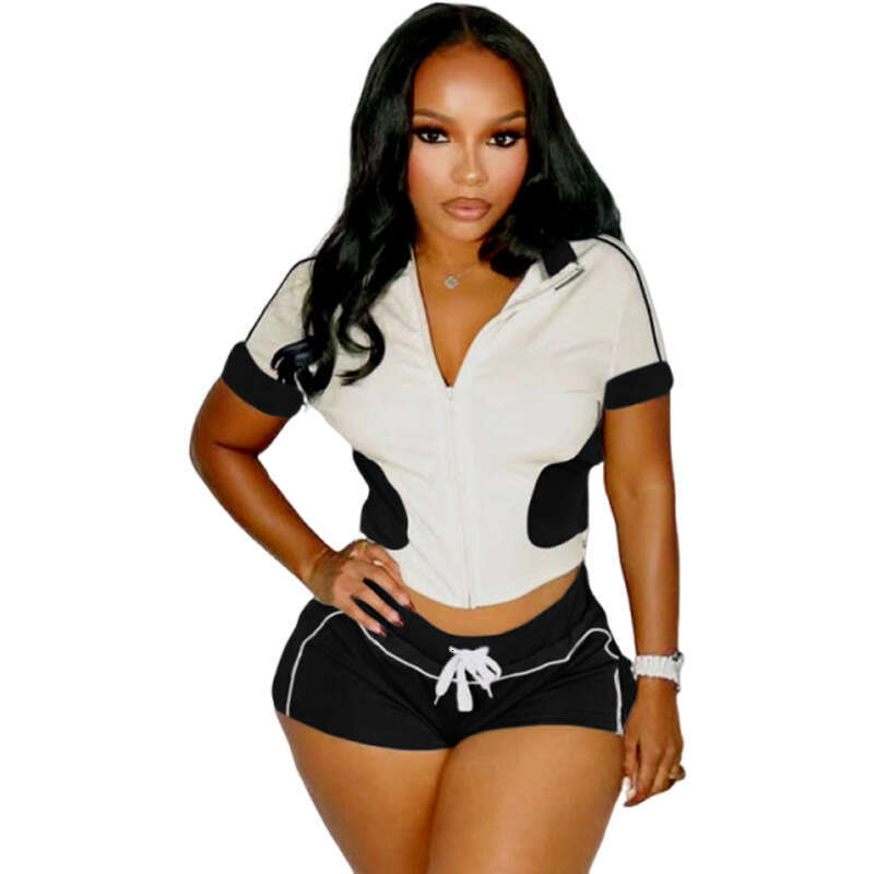 Women's Wear Wind Summer New Fashionable Street Stand Up Collar Zipper Splicing Color Contrasting Sports Shorts Set For Women