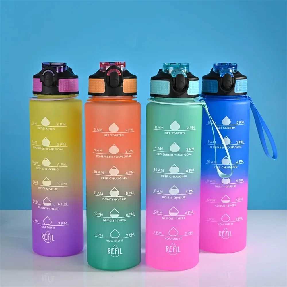1L Water Bottle Gradient Color Motivational Sport Water Bottle Time Marker Leak-proof Cup for Office Gym Outdoor Shaker BottleW251114