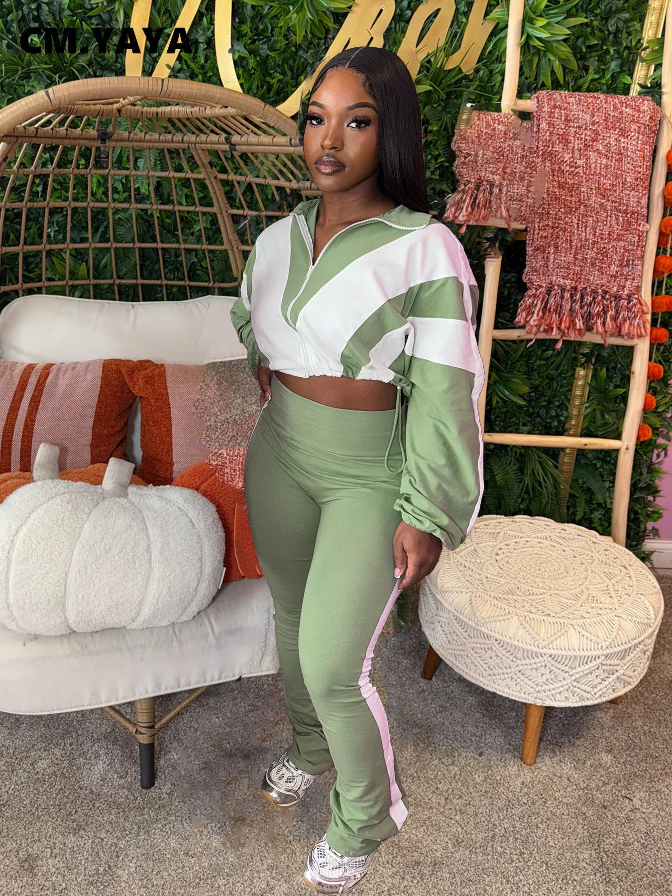 CM.YAYA Active Patchwork Womens Set Zipper Sweatshirt Jacket and Long Pants Suit 2025 Sporty Two 2 Piece Sets Outfit Tracksuit 250410