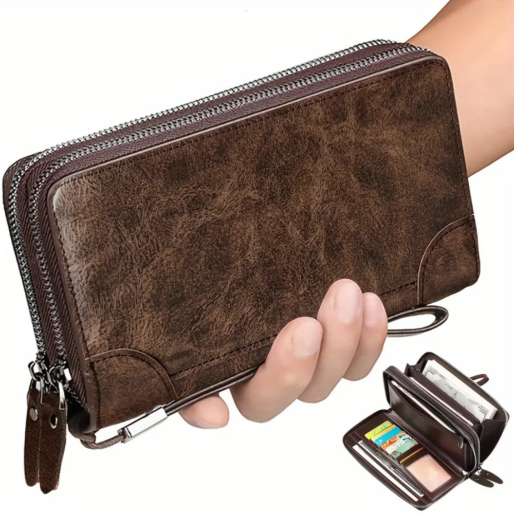 Oil wax leather large clutch handbag leather zipper wrap wallet wrist card business phone case 250410