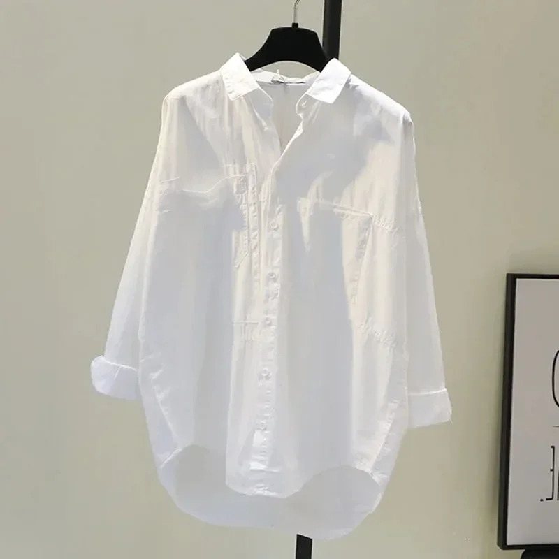 Cotton White Womens Shirt Loose Casual Blouses Office Lady Long Sleeve Elegant Tops Autumn Clothes 250415