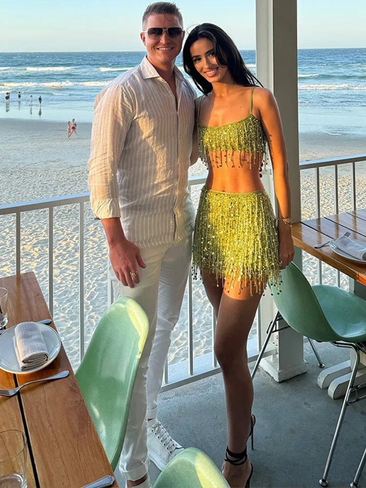 Fringed Sequin Halter Top Mini Skirt Set Tassel Sexy Glitter Beaded Suspender Women Camisole Gown High Waist Wrap Hip Skirts 250415